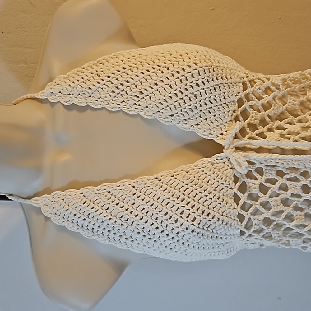 Hand Crafted Crochet Crop-Top Handmade Fishnet Swim Design Cream Summer Layer OS - Picture 11 of 17